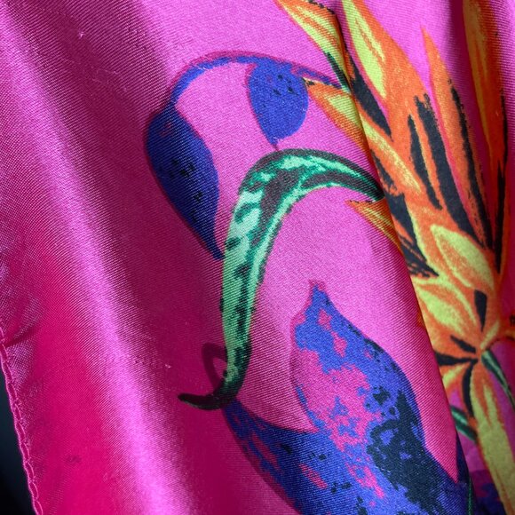 Bright Pink Floral Scarf Horses Birds Maximalist Polyester Square Vibrant Colors - Picture 7 of 13